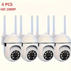 1080P Security Camera Kit with Full Color Night Vision, Spotlight & Siren - 4pcs Set, 2-Way Audio, Pan/Tilt/Zoom, WiFi Enabled, Motion Tracking, Compatible with Amazon Alexa for Indoor and Outdoor Use - Ideal for Home Security System, Cameras for Home Sec