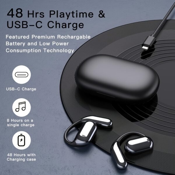 Wireless Headphones with Open Ear Design, Sport Earbuds Featuring Touch Volume Control, Built-In Microphone, And Ear Hooks. They Offer 50 Hours of Playtime And Come with an LED Display Charging Case, Ideal for Running And Fitness, Available in Black And W - Image 2