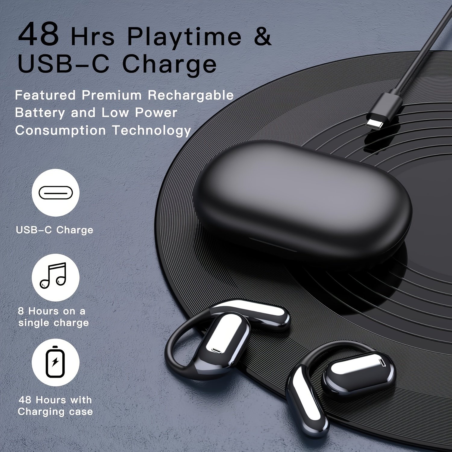 Wireless Headphones with Open Ear Design, Sport Earbuds Featuring Touch Volume Control, Built-In Microphone, And Ear Hooks. They Offer 50 Hours of Playtime And Come with an LED Display Charging Case, Ideal for Running And Fitness, Available in Black And W - Image 2