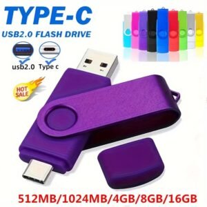 High-Speed USB 2.0 & Type-C Dual Interface Flash Drive, Compatible with Android, PC, Car, TV - 512MB/1024MB/4GB/8GB/16GB/32GB Storage Options, Assorted Colors