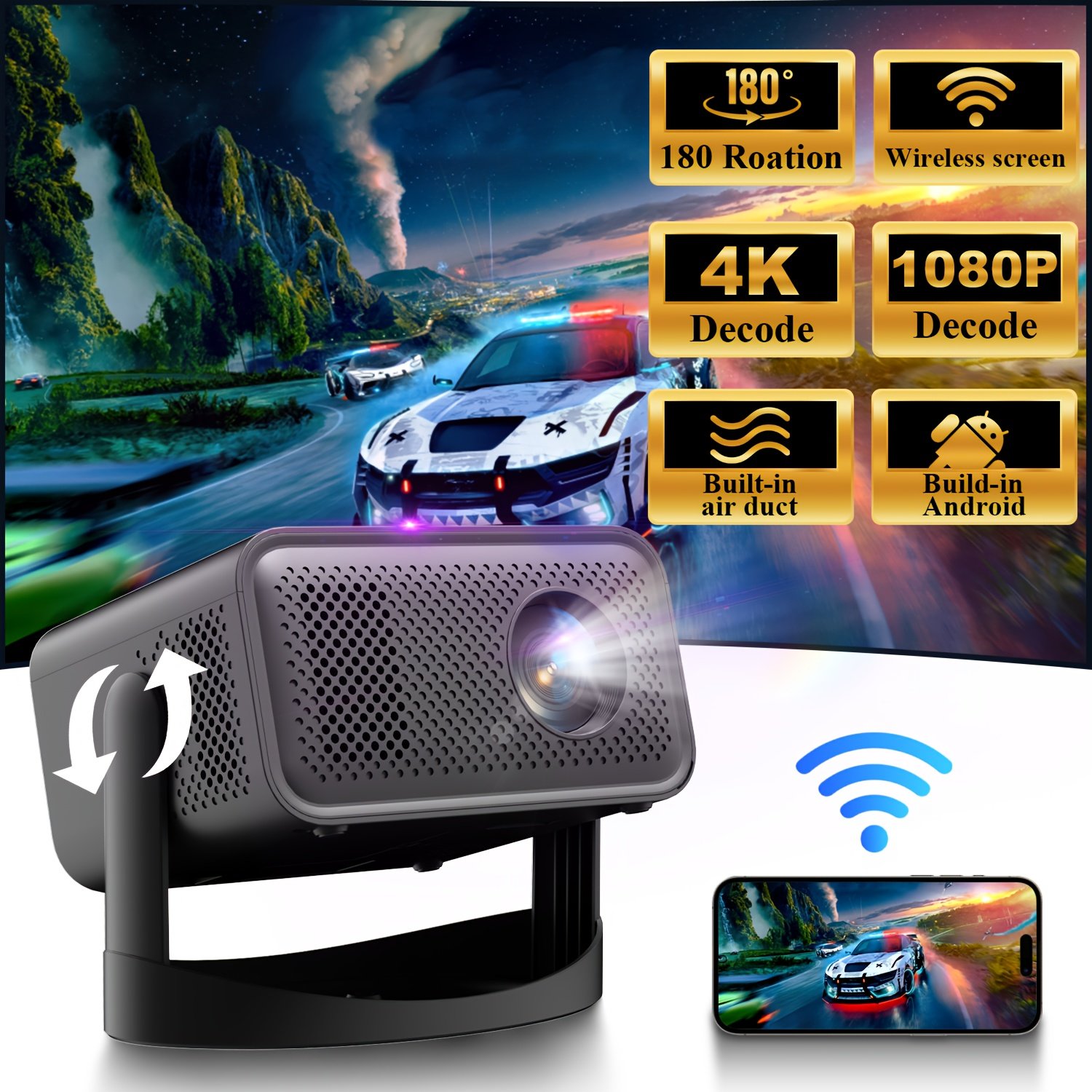 4K Home Theater Projector with Dual WiFi, WiFi6, 200ANSI, HD 1280x720P, Wireless 5.0, Auto Correction, Mali-G312 GPU, Allwinner H713 Processor - Ideal for Movie Nights and Gaming - Image 6