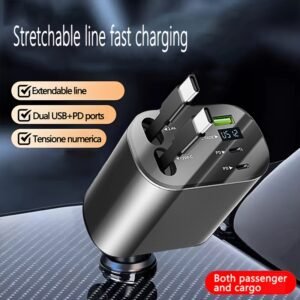 5-in-1 Car Charger Adapter, Dual USB+PD Fast Charging, Extendable Cable, Voltage Display, Universal Compatibility, Female to Male Connector, Car Plug Power Mode, ≤36V Operating Voltage, No Battery - Vehicle Accessory