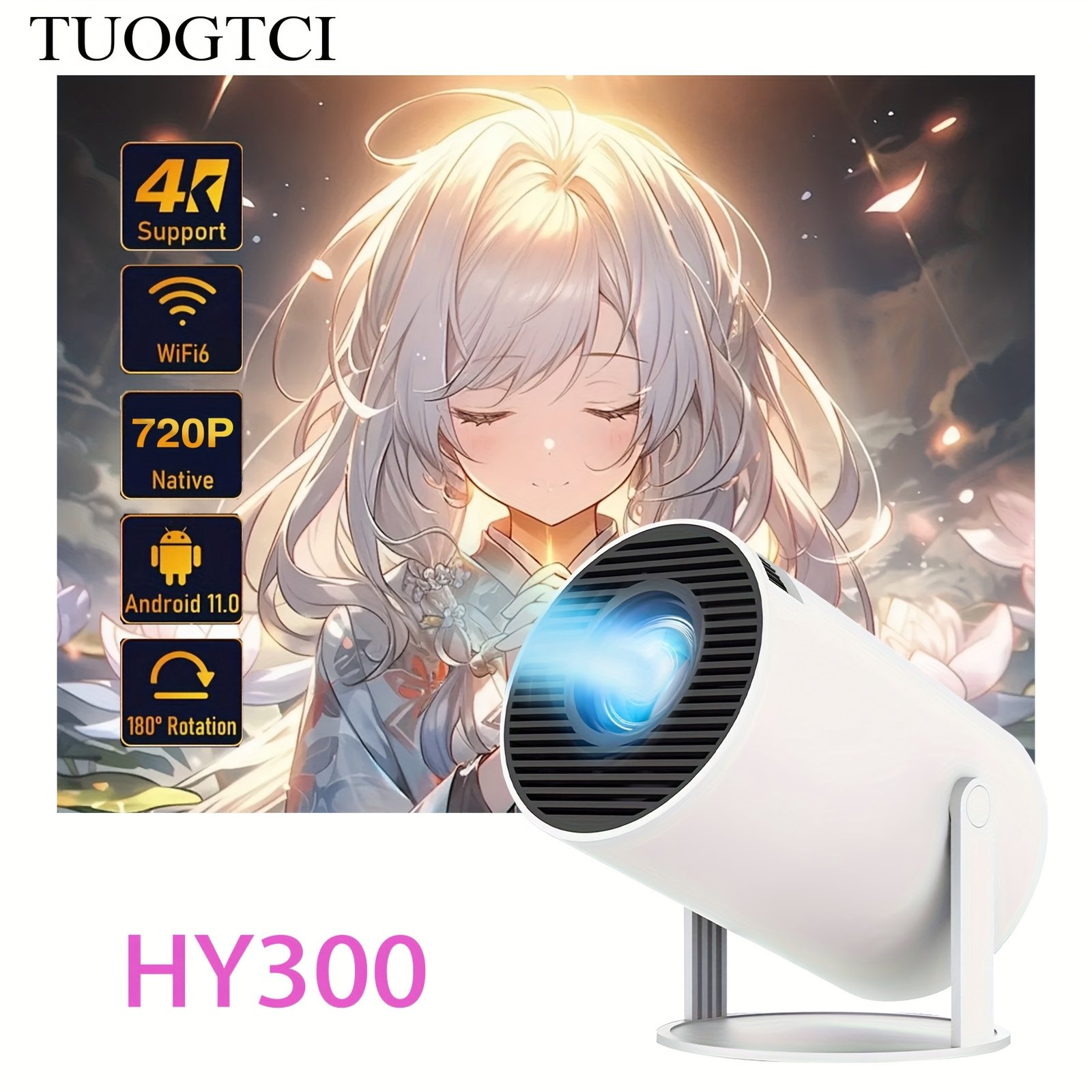 The TUOGTCI Upgraded Version of The Portable 4K HD Projector Has a Lifespan of 30,000 Hours, Features Smart Automatic Keystone Correction, 200 ANSI Brightness, Runs on Android 11, Supports Wifi 6, And Is Compatible with HD USB for Automatic Calibration.