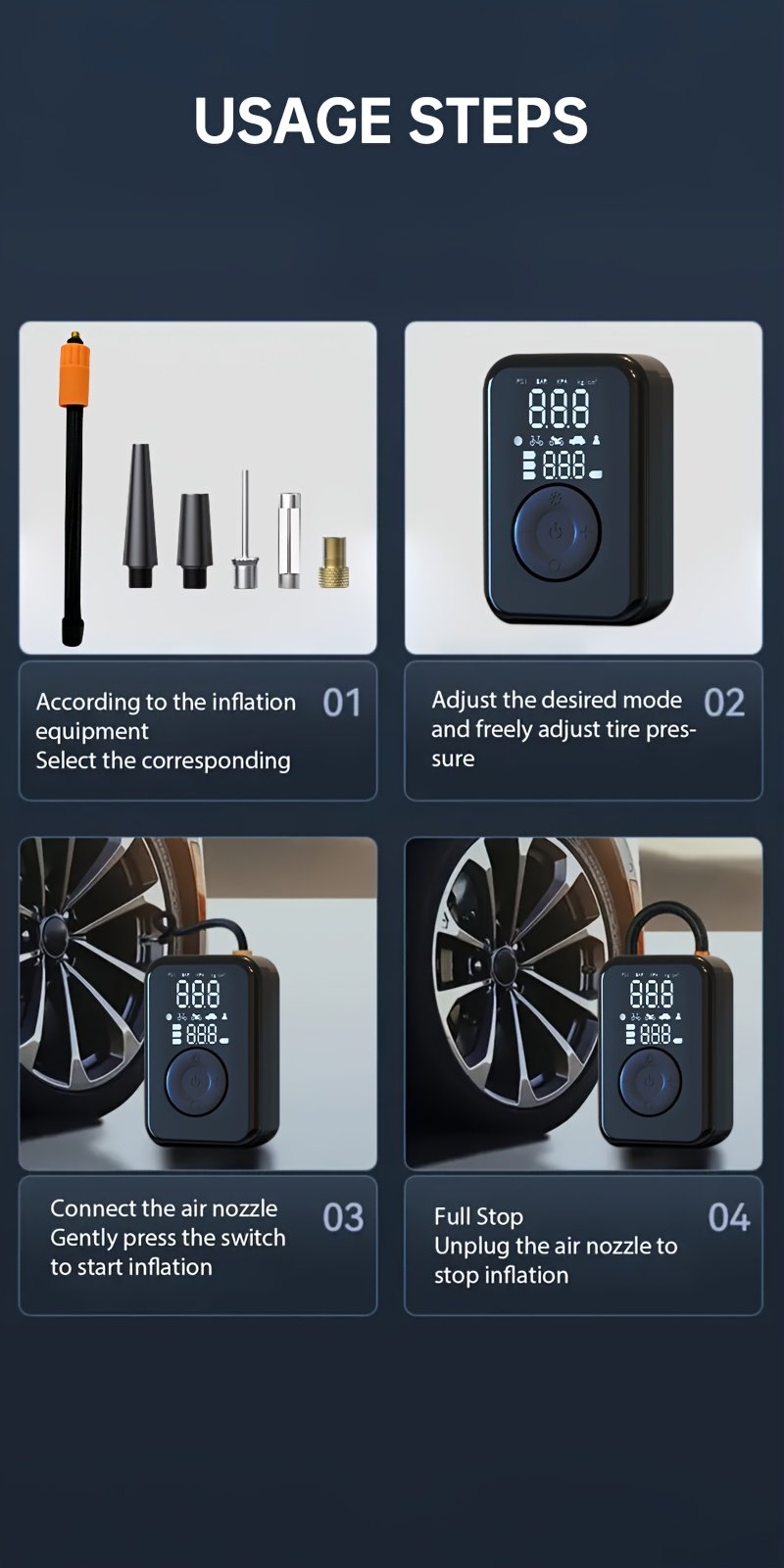 Portable Wireless Car Battery Jump Starter, Tire Inflator, Air Compressor Easily Inflates Tires, LED Display, with Flashlight And Power Bank, High-Capacity Battery. - Image 14