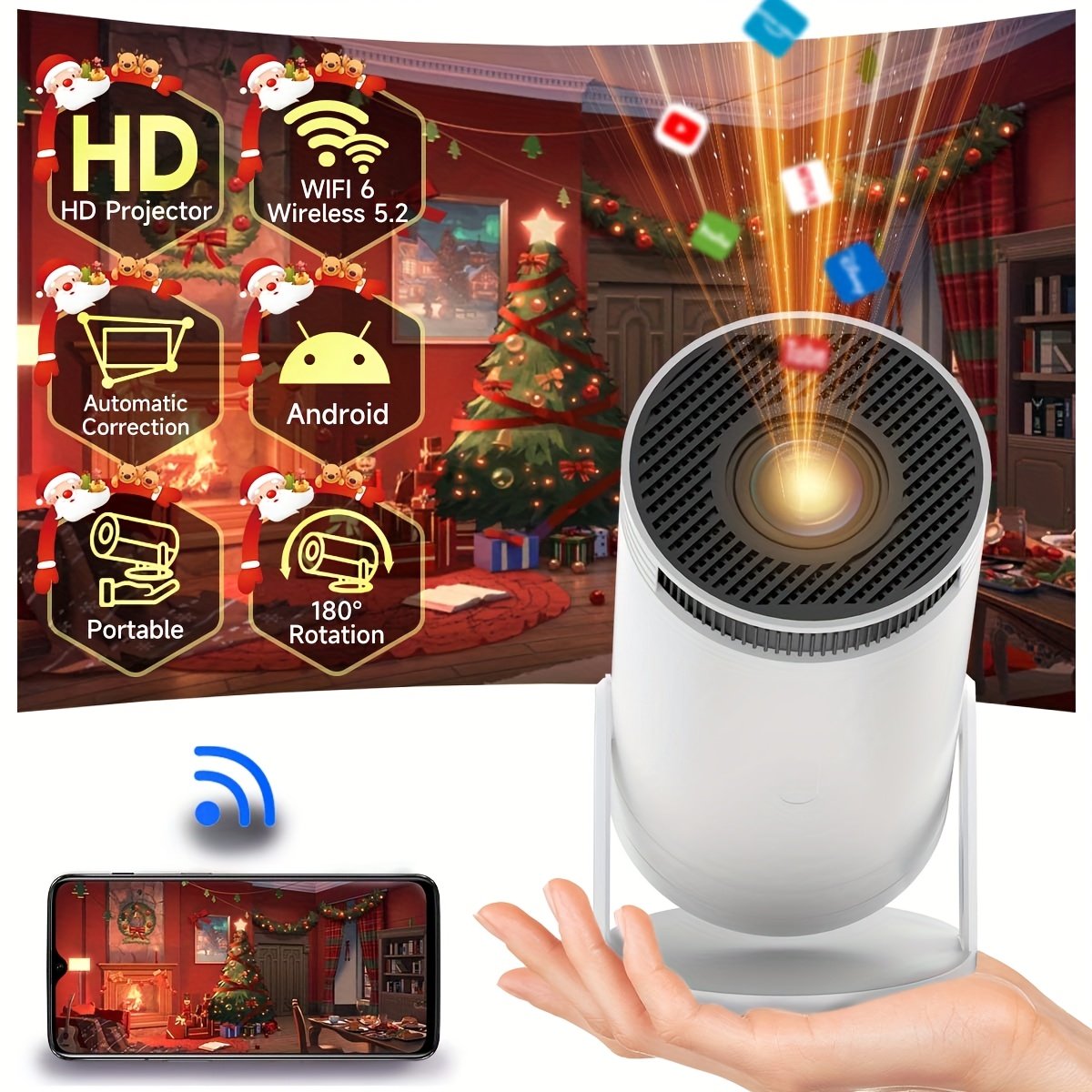 SCUARI Mini Smart HD Projector - for Android 12, Dual-Band 5G WiFi & Wireless 5.2, Auto Keystone Correction, 180° Rotatable, Portable Home Cinema Experience for Smartphone/HDTV/Laptop, European Plug, SCUARI - Image 6