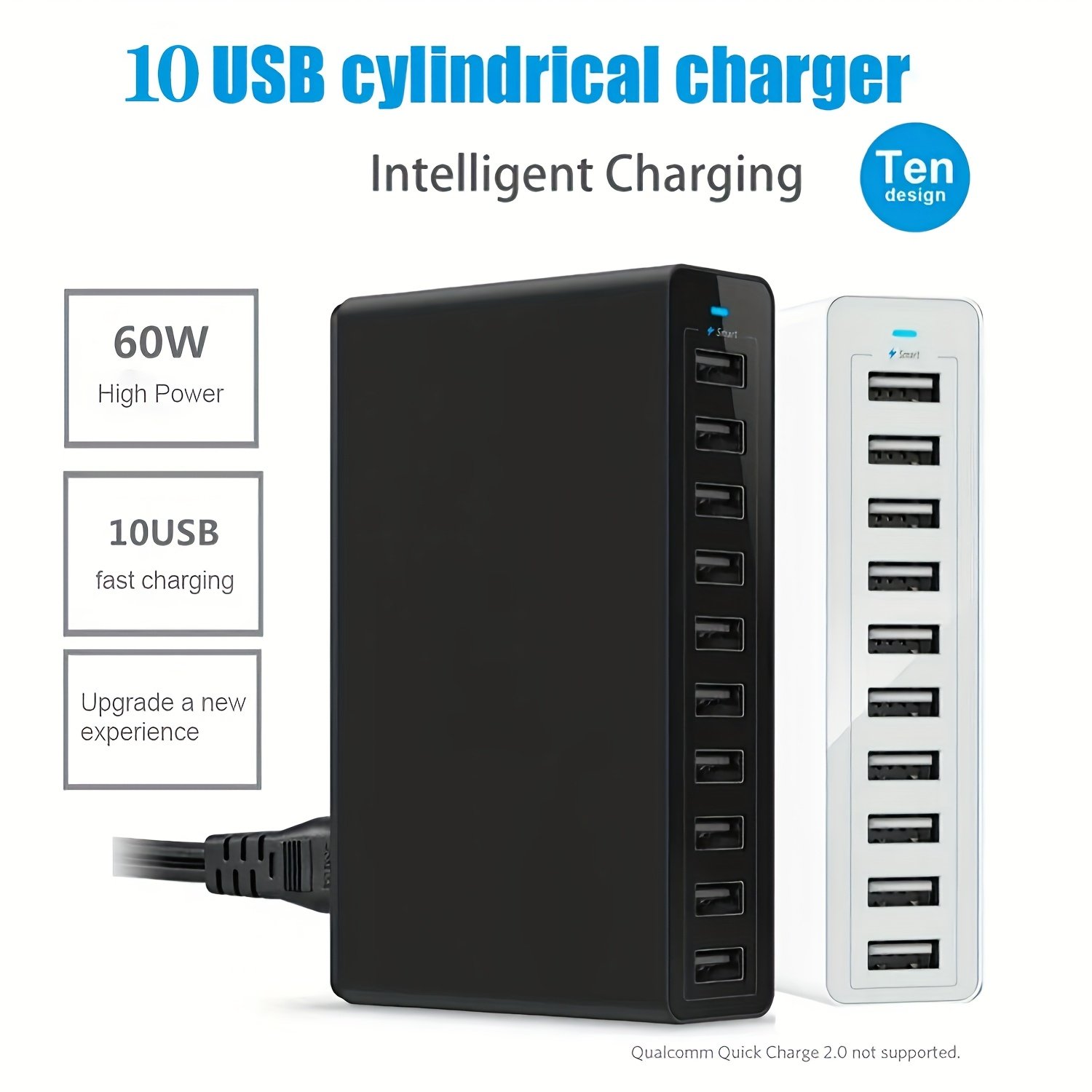 60W Fast Charging 10 Port USB Power Charging Hub PowerPort Multi-Port USB Charger EU Standard Smart Multi Protect VoltageBoost, Power Wall Station, for Samsung Tablet, iPad, iPhone and Other USB Charging