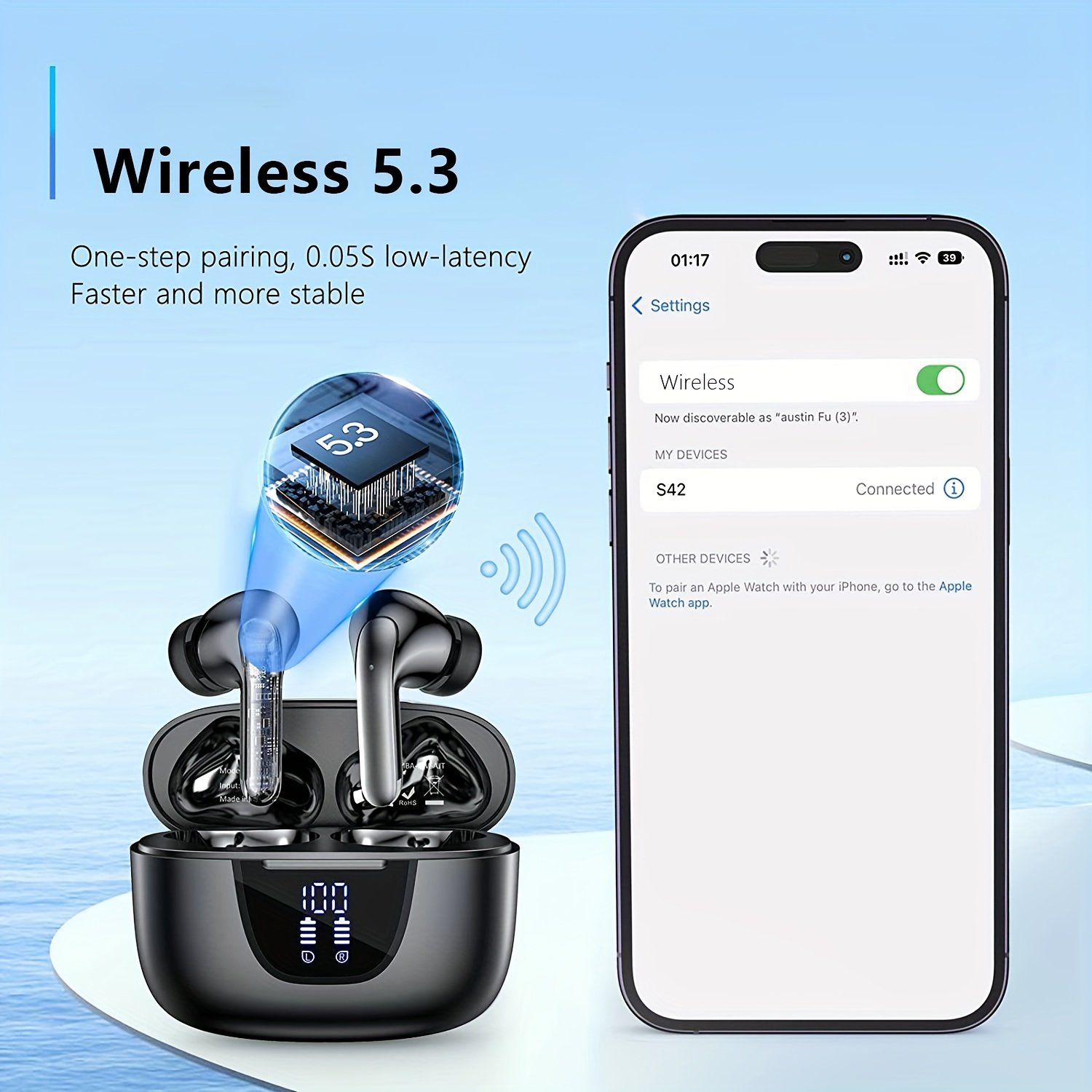 Wireless Headphones, Wireless 5.3 Headphones, 13mm Speaker, 30H Playtime, Type-C Fast Charging Box, Stereo Wireless In-Ear Headphones, Suitable for iPhone and for Android In-Ear Headphones, Gaming Business Sports Headphones with Microphone. with digital d - Image 5