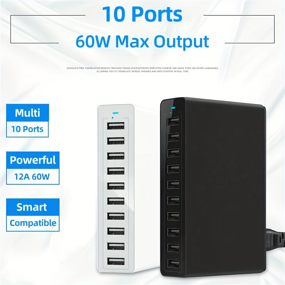 60W Fast Charging 10 Port USB Power Charging Hub PowerPort Multi-Port USB Charger EU Standard Smart Multi Protect VoltageBoost, Power Wall Station, for Samsung Tablet, iPad, iPhone and Other USB Charging - Image 2