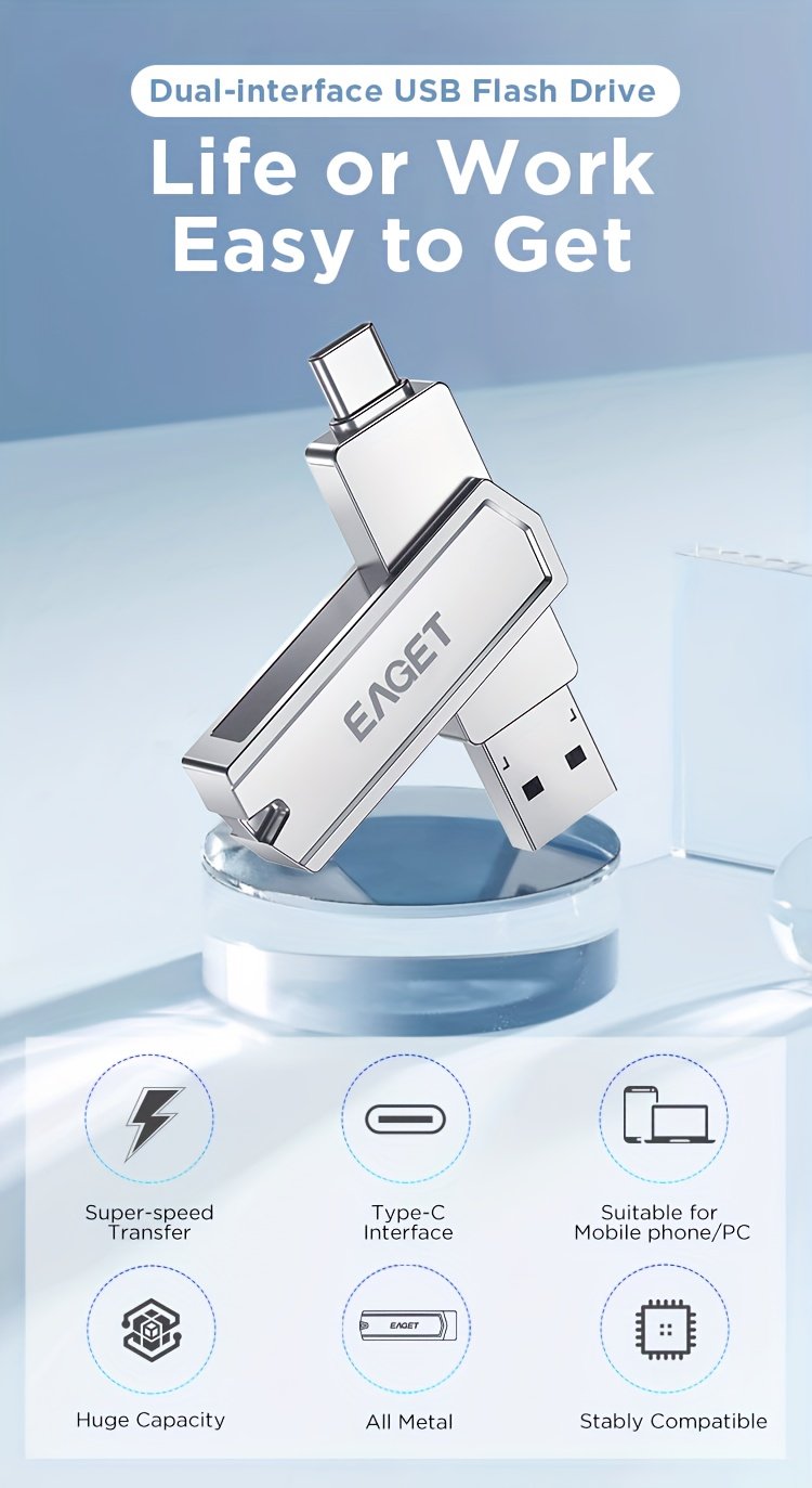 EAGET USB3.2 Flash Drive OTG 1TB Metal U Disk 360° rotates USB Memory Stick 512GB High Speed Memory Stick Pen Drive 32GB 64GB 128GB 256GB USB-A Or Typc-C Flash Drive Disk - Image 14