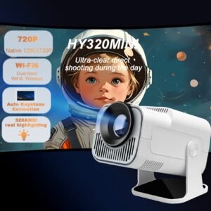 Mini Projector, HY320 Mini 4K 320 ANSI Projector with Wifi 6 and Wireless 5, Portable Projector Auto Keystone Correction, 215.9cm-3.3meter Screen, 180°Rotatable, Android 11.0 Smart Movie Projector, White