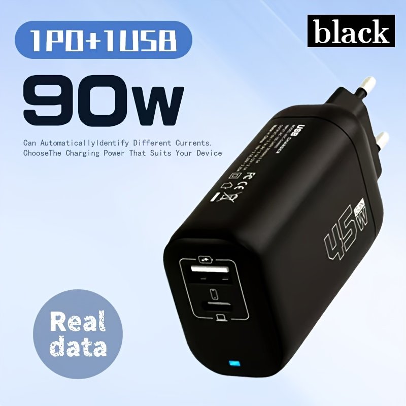 Compact 90W Dual Interface Fast Charging Charger with PD3.0 & QC3.0, USB-A & Micro-USB Ports - European Plug, Lightweight Design for Electronics Fast Charging