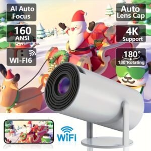 Yleegs P3 Portable Projector, 4K 1080P Full HD, Smart Auto Horizontal Correction, 180° Rotatable, Table Mount, Remote Control, with USB Power, 50-99 Lumens, 16:9 Aspect Ratio, LCOS Display Technology, Android 9.0, Display Port Connectivity, Built-in Speak