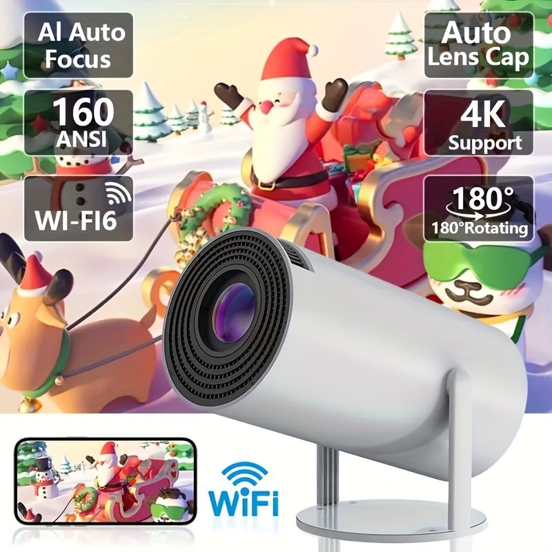 Yleegs P3 Portable Projector, 4K 1080P Full HD, Smart Auto Horizontal Correction, 180° Rotatable, Table Mount, Remote Control, with USB Power, 50-99 Lumens, 16:9 Aspect Ratio, LCOS Display Technology, Android 9.0, Display Port Connectivity, Built-in Speak