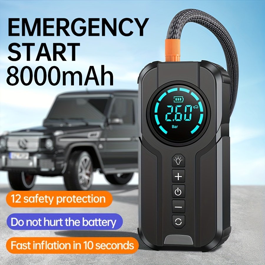 8000mAh Emergency Car Jump Starter Power Bank with Digital Display, Portable USB-C Charging Air Compressor, 12 Safety Protections, Fast Inflation in 10 Seconds, Rechargeable Lithium Polymer Battery for Tire Inflation and Multi-Functional Lighting - Image 2