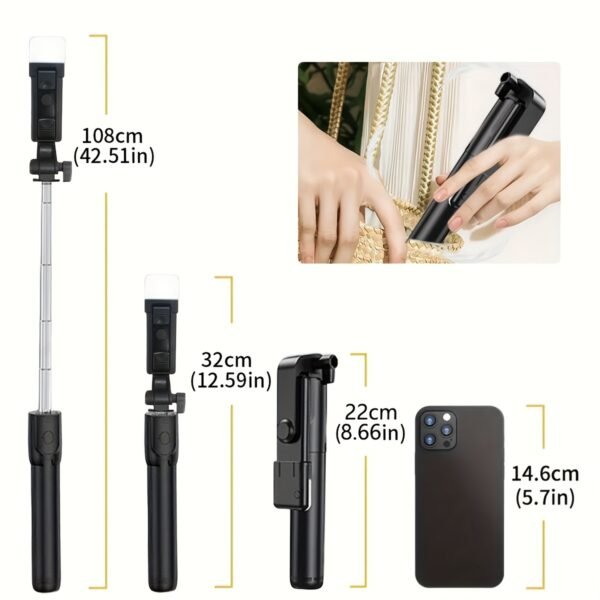 Selfie Stick with Tripod Stand, Portable Wireless Remote Control, 36V Battery Operated, Mini Size for Travel, Essential for Mobile Photography and Videography - Image 6