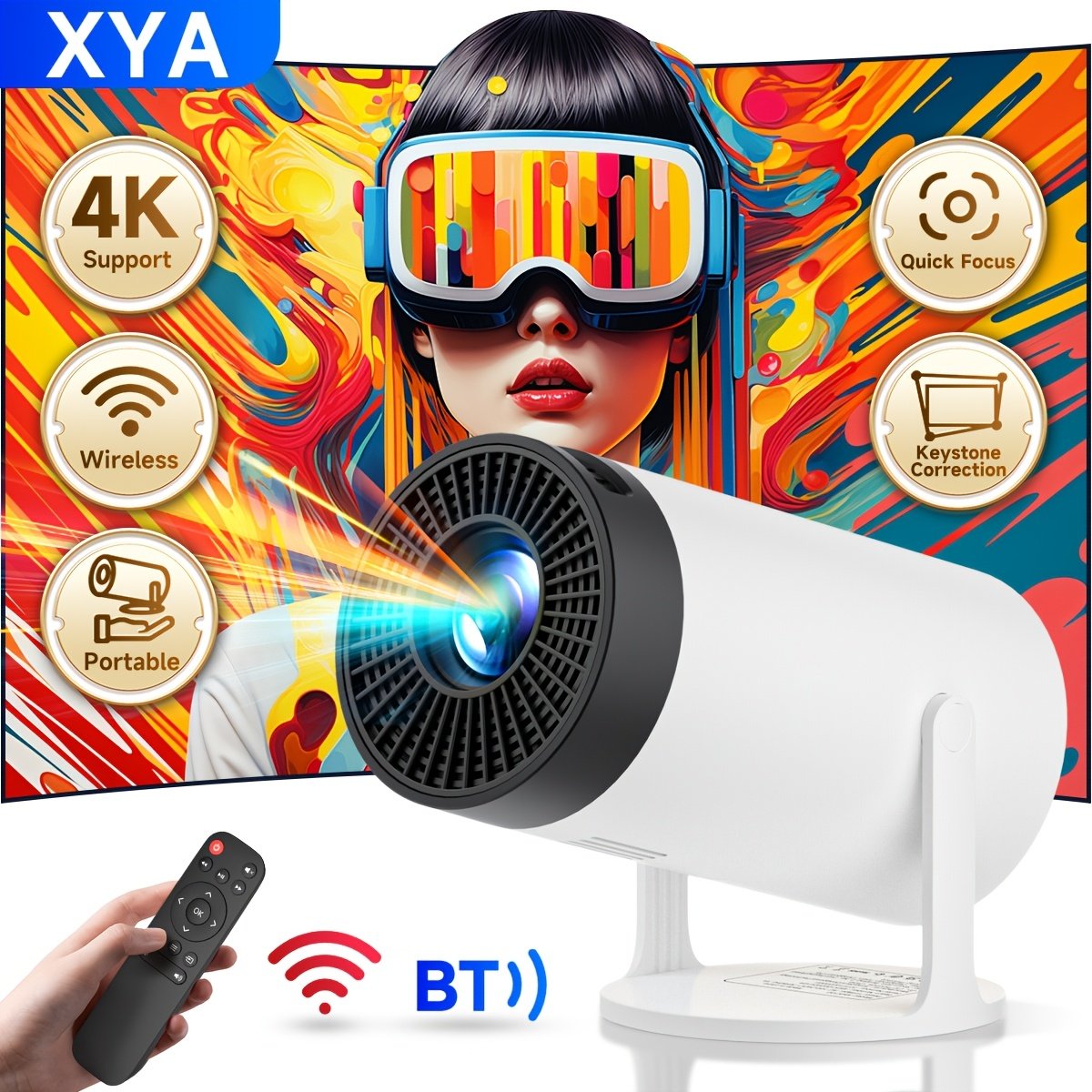XYA Ultra HD Projector 4K/1080P, 3.3meter Wireless Portable Mini Projector with Remote, Table Mount, LCD, 16:9 Aspect Ratio, 220-240V, Smartphone/Tablet Connectivity, Wi-Fi BT5.2, European Standard Plug, for Home Theater