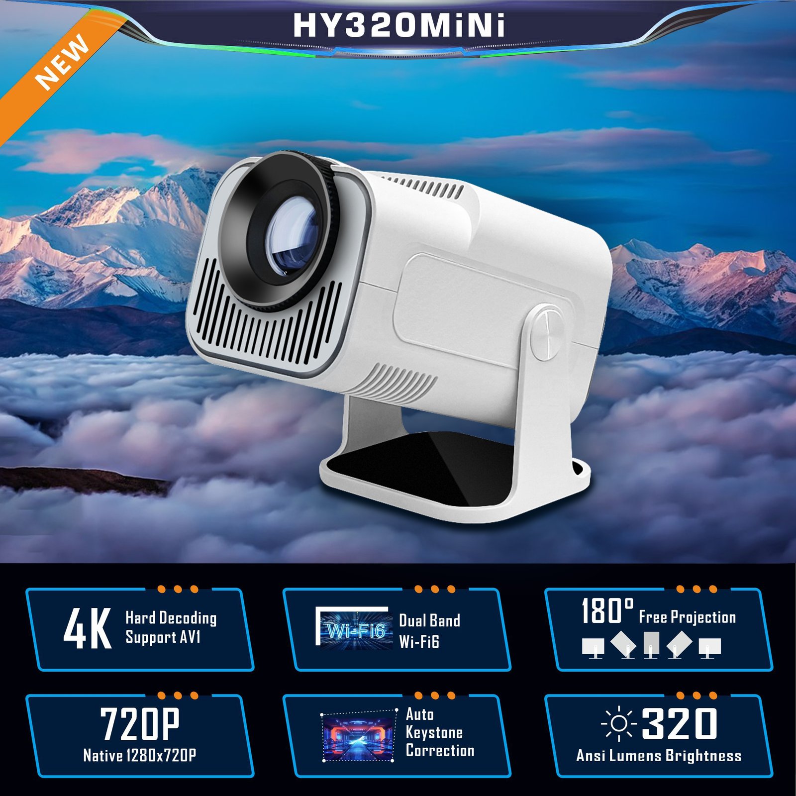W WUDUNG HY320 Mini Projector - 1280*720P HD, 320ANSI Brightness, WiFi6 & Wireless5.0, Supports 4K Video, Portable for Home Cinema, Outdoor Parties & Office Use, EU Plug - Image 8