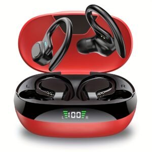 Sleek Red Wireless Earbuds with Noise Cancellation, LED Power Display, Crystal-Clear Bass - USB Rechargeable In-Ear Headphones for Fitness & Home Use, Earbuds Wireless