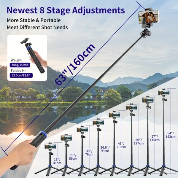Rubesee 64-Inch Extendable Aluminum Alloy Selfie Stick Tripod, 8-Stage Adjustable Travel Stand with 2-in-1 Phone Clamp, 360° Ball Head for iPhone, Sony, Canon Cameras, Portable Vlogging Tripod - Image 5