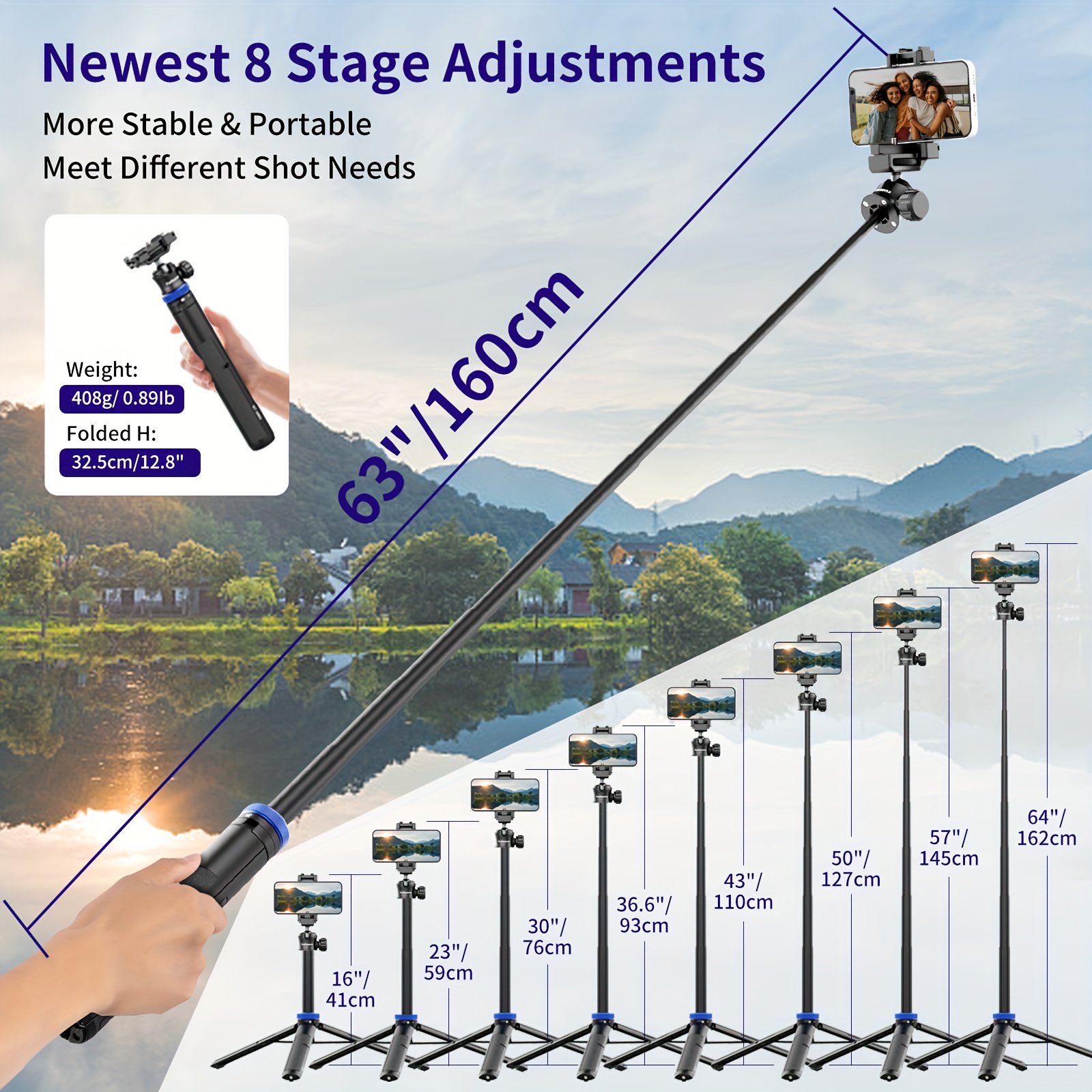 Rubesee 64-Inch Extendable Aluminum Alloy Selfie Stick Tripod, 8-Stage Adjustable Travel Stand with 2-in-1 Phone Clamp, 360° Ball Head for iPhone, Sony, Canon Cameras, Portable Vlogging Tripod - Image 5