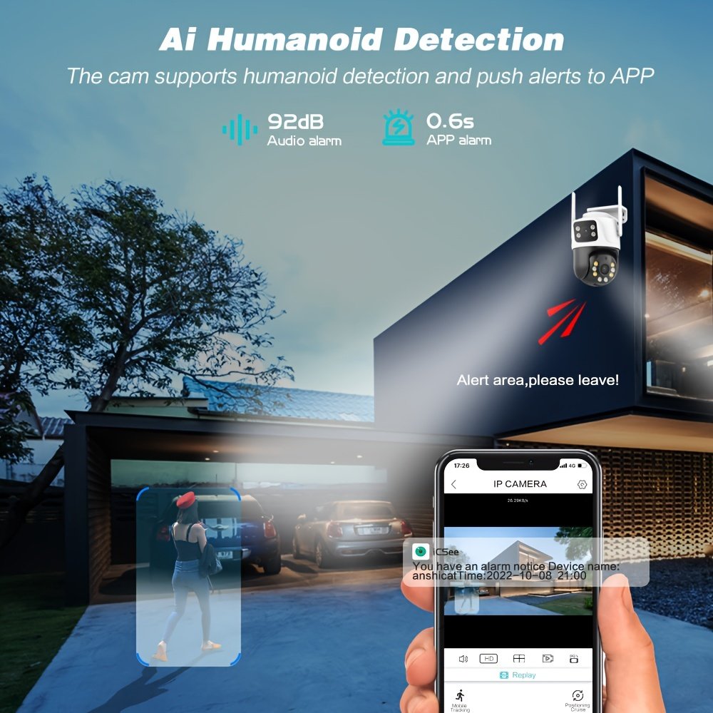 1pc 4K 8MP WiFi Security Camera, 2 Lens 4MP Total 8MP Dual Lens 2.4ghz Wireless IP Camera, Video Surveillance for Home Security CCTV Monitor, AI Human Tracking, Color Night Vision, Outdoor, Two-Way Audio, Motion Alert, Pan Tilt Rotation Icsee - Image 12