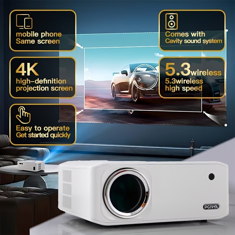 Electric Keystone 6D/4P Projector 4K Home Theater 20000 Lumens, PGIVDA Full HD 1080P WiFi Wireless Projector, Mobile Phone Same Screen, PPT, ±50° Zoom, Projector Compatible with TV Box/PS5/iOS/Android