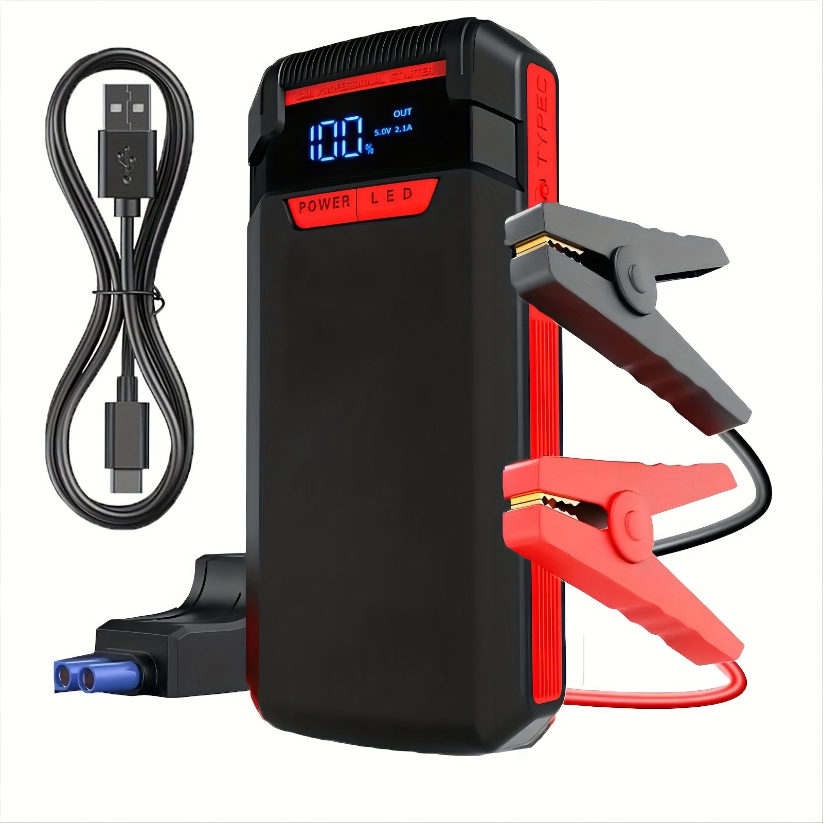 Portable 1000A Jump Starter for 6.0L Gas/3.0L Diesel, 12V Car Battery Jumper with USB Ports, 3 Mode Flashlight, LED Display, Digital, USB Type-C, Lithium Polymer Rechargeable Battery, ≤36V Operating Voltage, 10 Output Power
