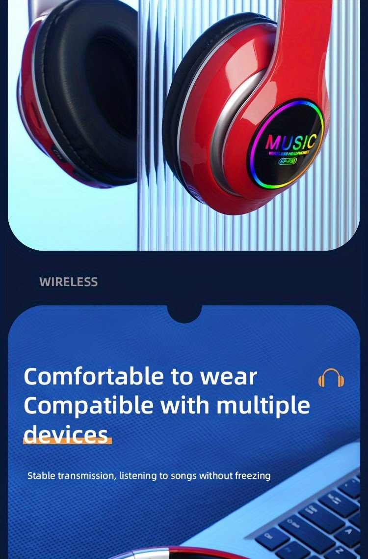Wireless earphones, multi-color LED lights, comfortable foldable earphones, for tablet/PC/phone/birthday/Christmas/travel gifts. Popular wireless earphones, head mounted wireless earphones, and foldable earbuds. - Image 19
