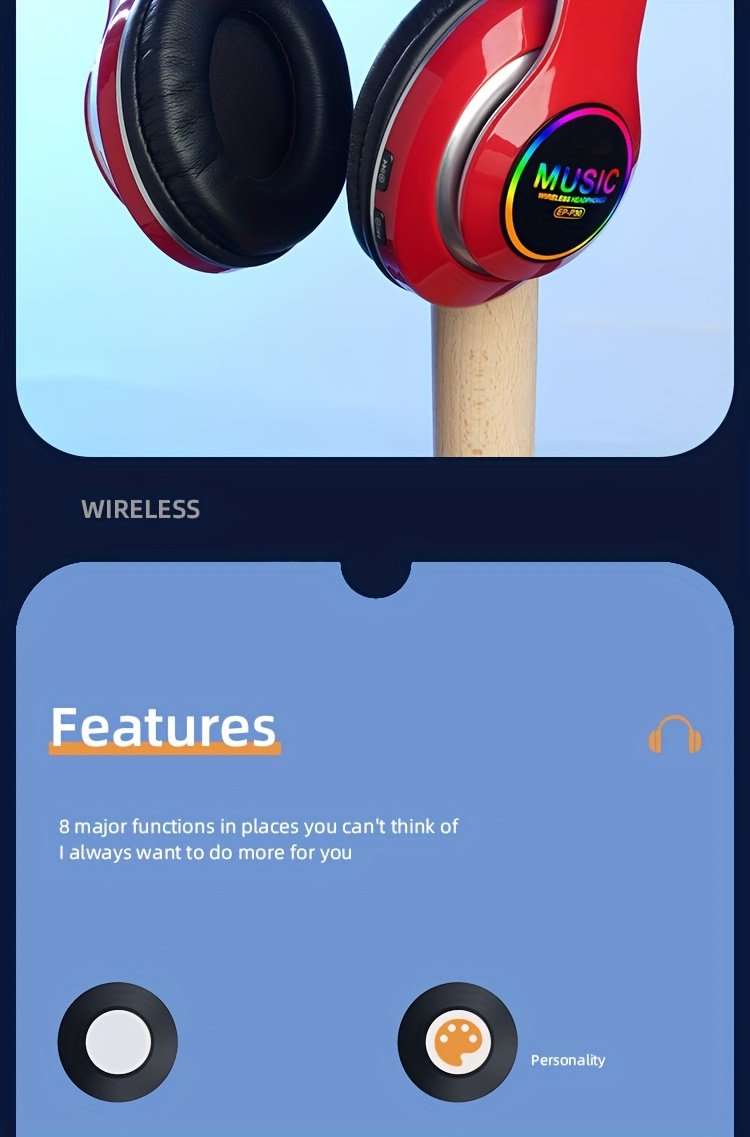 Wireless earphones, multi-color LED lights, comfortable foldable earphones, for tablet/PC/phone/birthday/Christmas/travel gifts. Popular wireless earphones, head mounted wireless earphones, and foldable earbuds. - Image 15