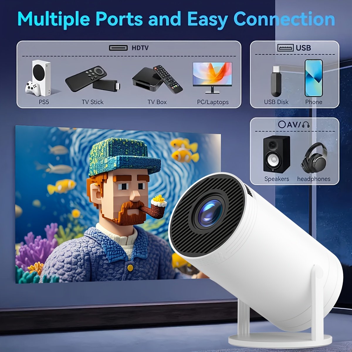 XYA-UHD Portable Mini Projector with WiFi & Wireless - Android 12, 270° Rotation, HD 1080P, Cute Bunny Design, Smartphone/Tablet Compatible, Ideal for Home Theater & Presentations - Image 3