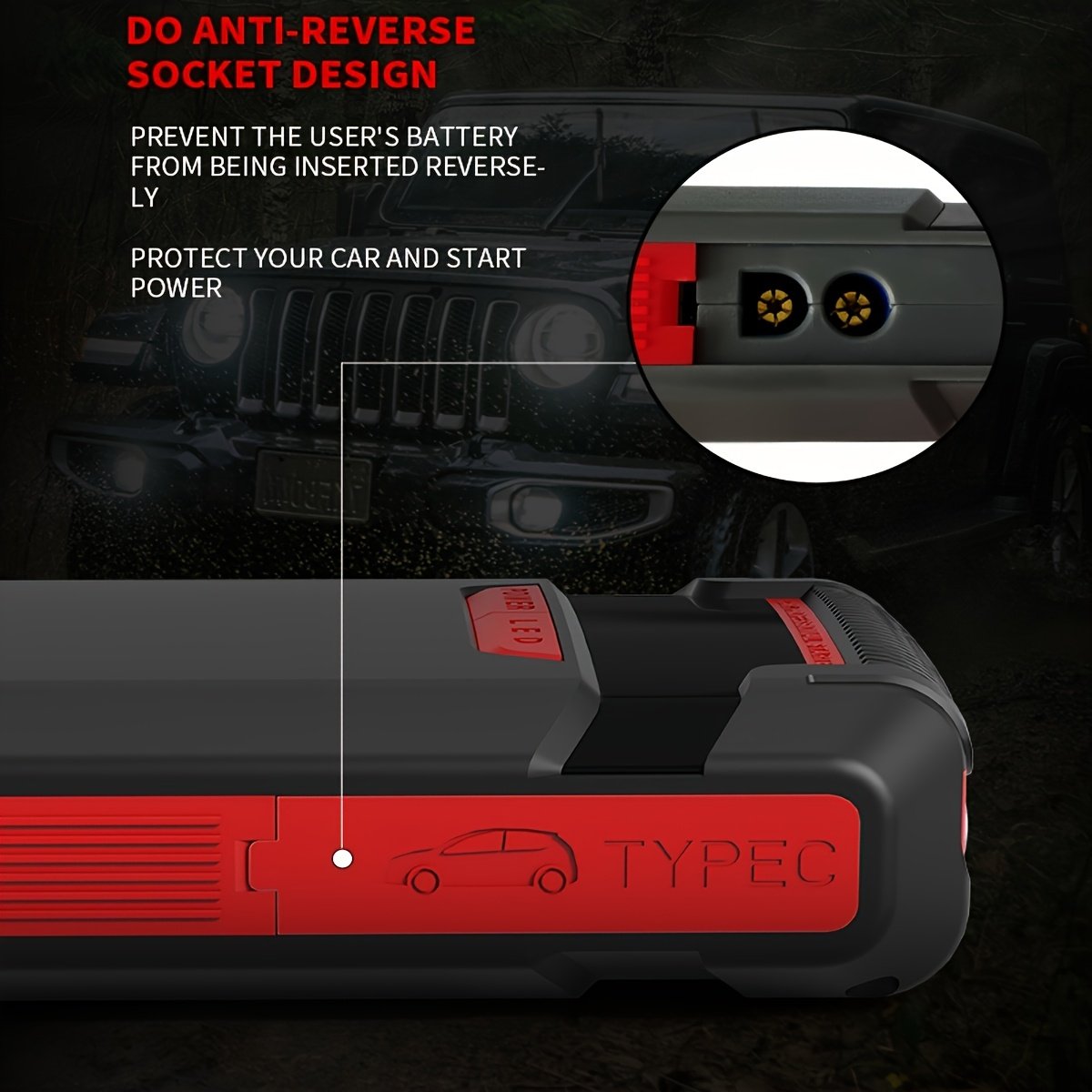 Portable 1000A Jump Starter for 6.0L Gas/3.0L Diesel, 12V Car Battery Jumper with USB Ports, 3 Mode Flashlight, LED Display, Digital, USB Type-C, Lithium Polymer Rechargeable Battery, ≤36V Operating Voltage, 10 Output Power - Image 7