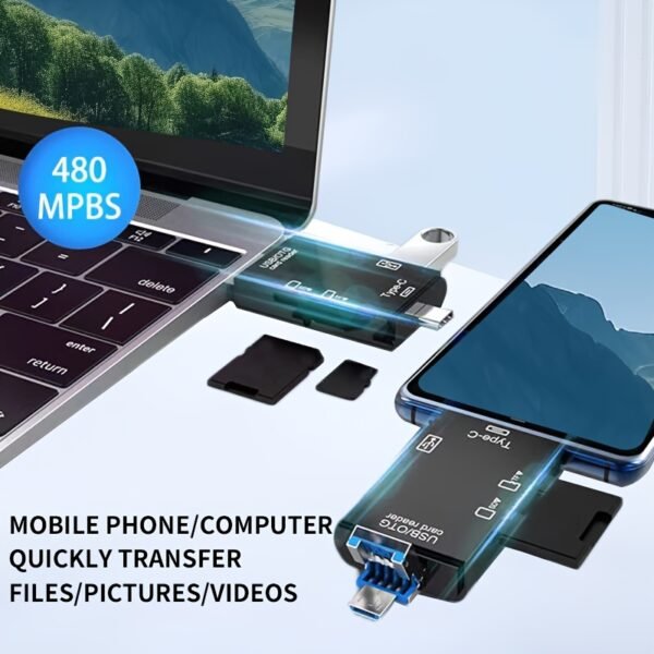 1pc Multi-Functional 6-in-1 OTG Card Reader, SD/TF Card & USB Flash Drive Adapter for Mobile Phone, Computer, Camera - Plug & Play Data Transfer without Battery - Image 4