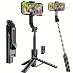 Multifunctional, Portable, Reinforced, Wireless Tripod Selfie Stick. The selfie stick can be extended to 113.0 cm. Umbrella structure stable support. A new Wireless remote shutter. 360 degree rotation, support horizontal and vertical shooting. for Android