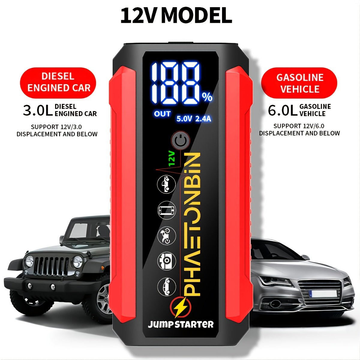 Phaetonbin Car Battery Jump Starter, 1500A Jump Starter Battery Pack, Suitable for Up to 6.0L Gasoline And 3.0L Diesel Engines, 12V Portable Jump Box with 3-Mode Flashlight, LCD Display, USB Port, And Jumper Cables. - Image 3