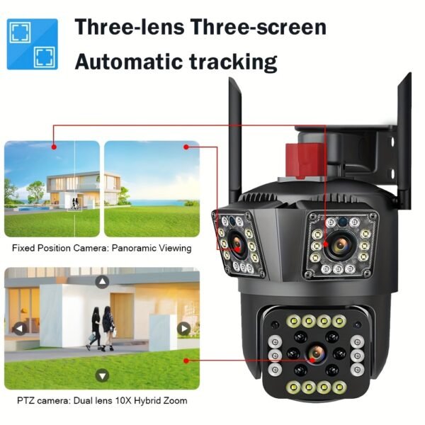 1pc 12MP Ultra HD WiFi Outdoor Camera, 3-Lens PTZ Security Monitor with 10X Zoom, 355° Rotatable Tilt, Color Night Vision, AI Motion Detection, Two-Way Audio, Wall Mount, Non-Waterproof, European Standard Plug, 110V-240V, App Control, Audio Alerts, Withou - Image 6