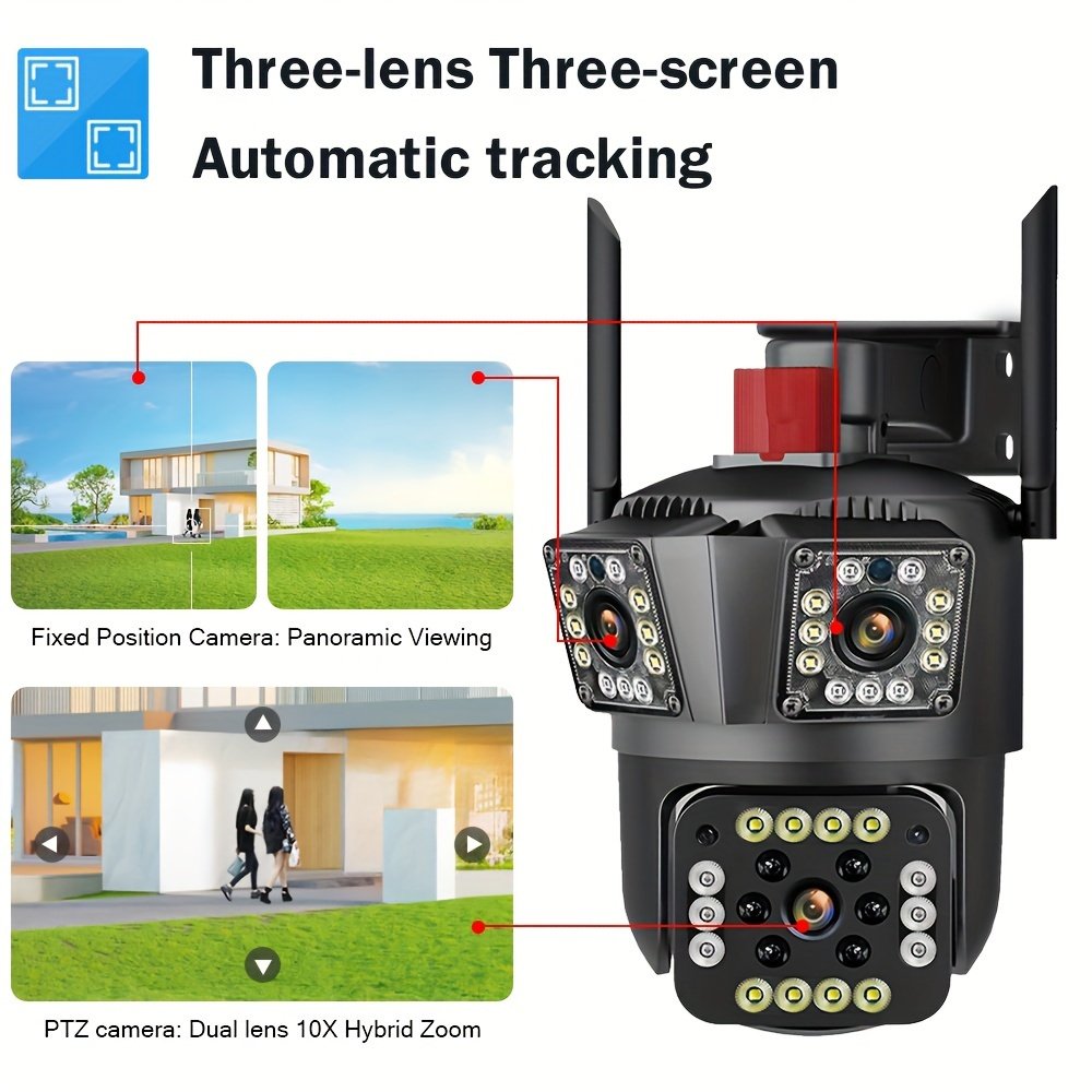 1pc 12MP Ultra HD WiFi Outdoor Camera, 3-Lens PTZ Security Monitor with 10X Zoom, 355° Rotatable Tilt, Color Night Vision, AI Motion Detection, Two-Way Audio, Wall Mount, Non-Waterproof, European Standard Plug, 110V-240V, App Control, Audio Alerts, Withou - Image 6