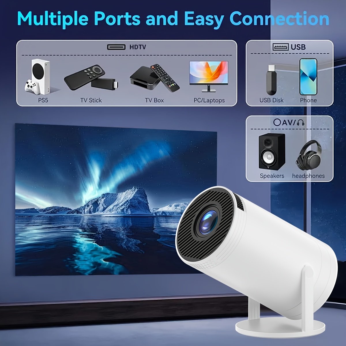 Compact 130ASIN High-Brightness Projector with 720P/1080P Support, WiFi & Wireless Connectivity, HDTV/USB/AV Outputs, Remote Control, and 120° Rotation - Ideal for Night Sky Viewing, EU Plug (220V-240V), Home Cinema Projector|Sleek Cylindrical Design|Vers - Image 5