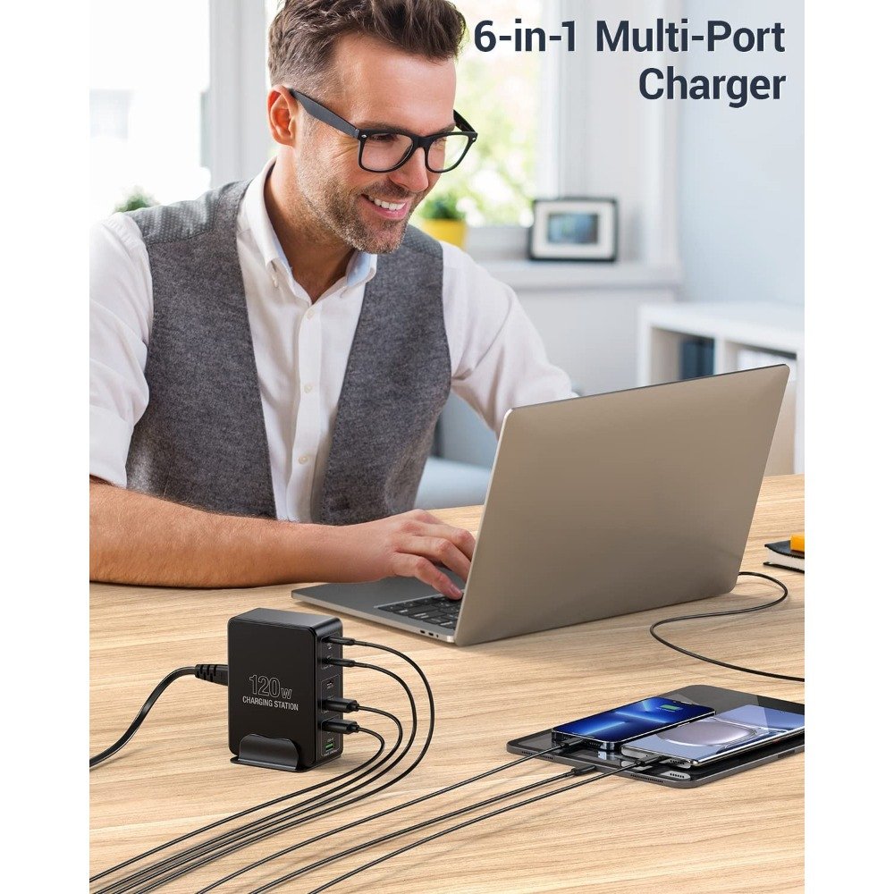 1pc FastChargePro 120W 6-Port USB Charger with 3 USB-C & 3 USB-A Ports, Multi-Device Fast Charging Station, Universal Compatibility, European Plug, 110V/220V Power Supply, for iPhone, iPad & More - Image 14