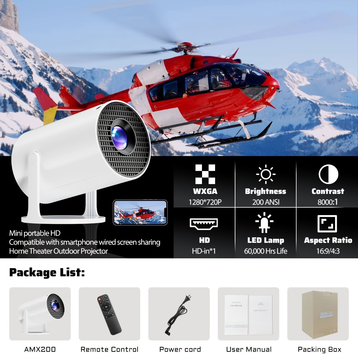 This High-Definition Mini Projector Features Wifi Connectivity, Automatic Keystone Correction, And a Bright LED Display. It Is Compatible with Ios, Android, And Windows, And Works with TV Sticks, Smartphones, PS4, And USB Devices. It Includes a Remote Con