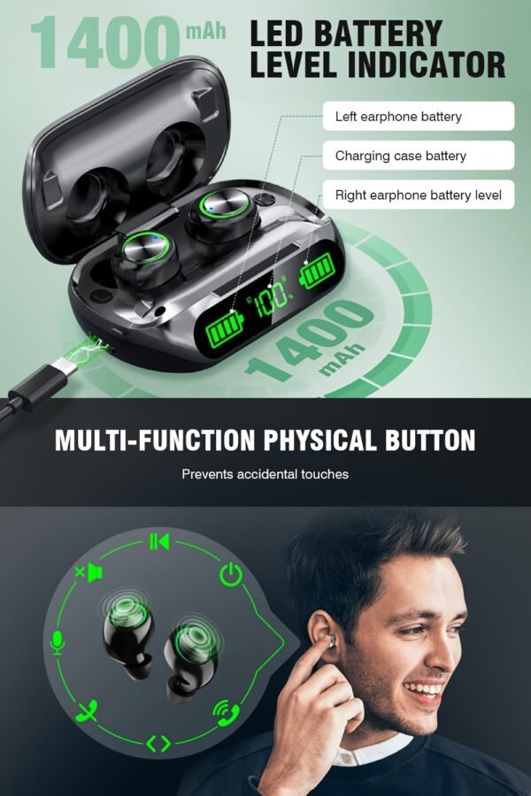 [1pair Wireless Earbuds with 200H Playtime] Wireless Earbuds V5.3, Hi-Fi Stereo Sound, Touch Control, Noise Cancelling Voice Call, 200H Playtime, 1400mAh Case with LED Power Display, Type-C USB Charging, IPX7 Waterproof, with Compatible Cellphones for Wir - Image 9