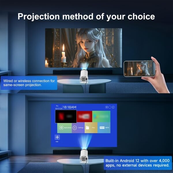 XYA Portable Mini Projector - for Android 12, Wireless 5.2 & WiFi 6, 4K/1080P Hardware Decoder, 130ANSI Brightness, Auto Keystone Correction, Fast Focus for Smartphones, PCs & Home Theater - Sleek Design with Remote Control