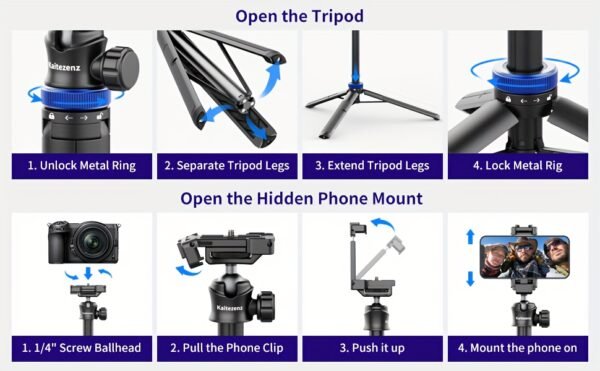Rubesee 64-Inch Extendable Aluminum Alloy Selfie Stick Tripod, 8-Stage Adjustable Travel Stand with 2-in-1 Phone Clamp, 360° Ball Head for iPhone, Sony, Canon Cameras, Portable Vlogging Tripod - Image 14
