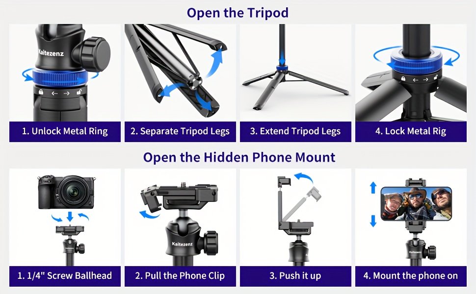 Rubesee 64-Inch Extendable Aluminum Alloy Selfie Stick Tripod, 8-Stage Adjustable Travel Stand with 2-in-1 Phone Clamp, 360° Ball Head for iPhone, Sony, Canon Cameras, Portable Vlogging Tripod - Image 14