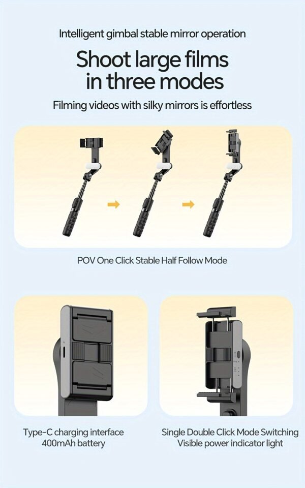 1pc Desiontal A6 1-Axis Handheld Gimbal Stabilizer with Wireless Remote, LED Beauty Light, Tripod Mount, Retractable Folding Selfie Stick for iPhone/Android - USB Charging, ≤36V, 400mAh Lithium Polymer Battery, ABS Material - Image 19