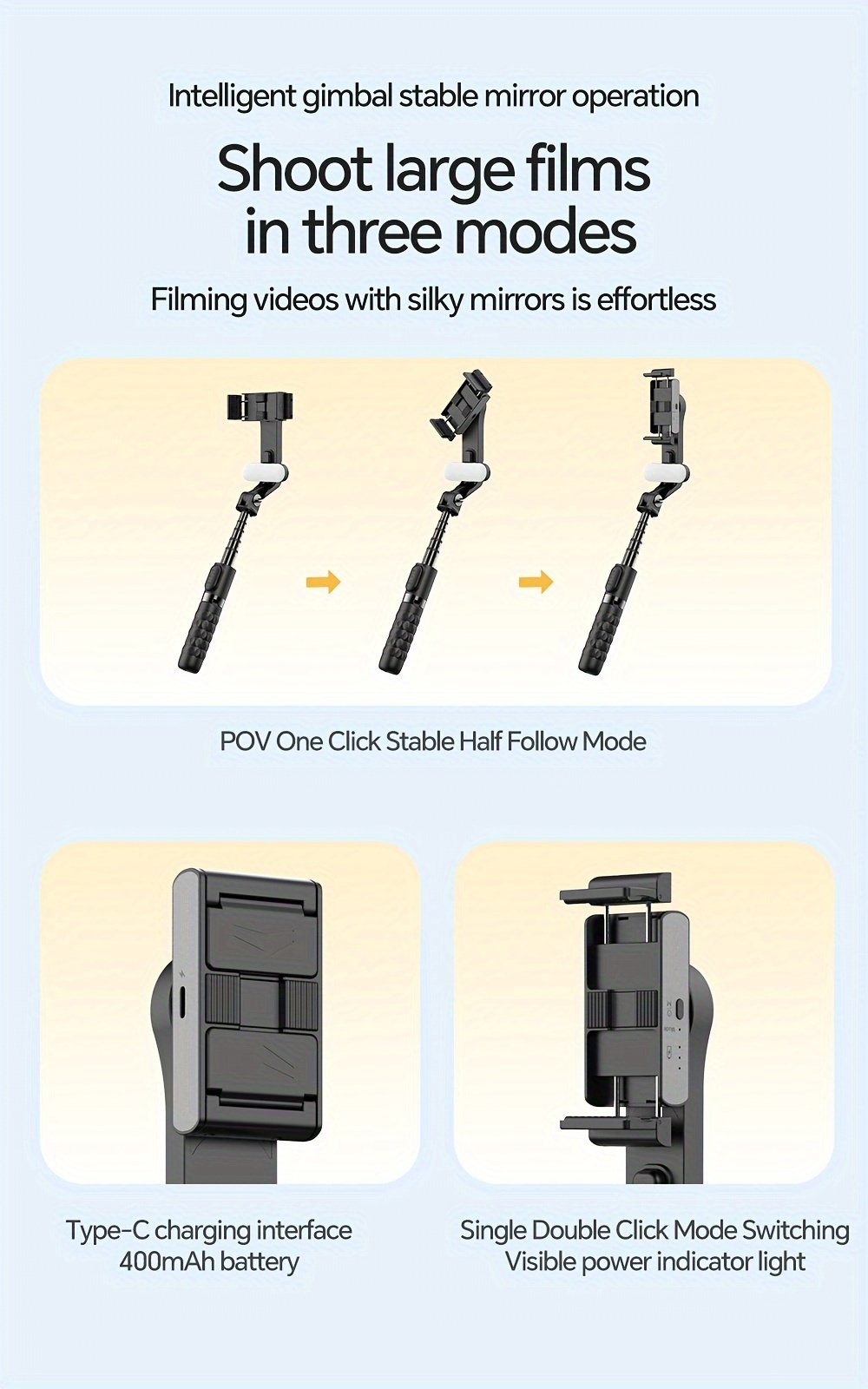 1pc Desiontal A6 1-Axis Handheld Gimbal Stabilizer with Wireless Remote, LED Beauty Light, Tripod Mount, Retractable Folding Selfie Stick for iPhone/Android - USB Charging, ≤36V, 400mAh Lithium Polymer Battery, ABS Material - Image 19