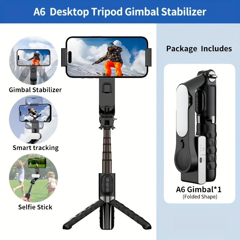 1pc Desiontal A6 1-Axis Handheld Gimbal Stabilizer with Wireless Remote, LED Beauty Light, Tripod Mount, Retractable Folding Selfie Stick for iPhone/Android - USB Charging, ≤36V, 400mAh Lithium Polymer Battery, ABS Material - Image 5