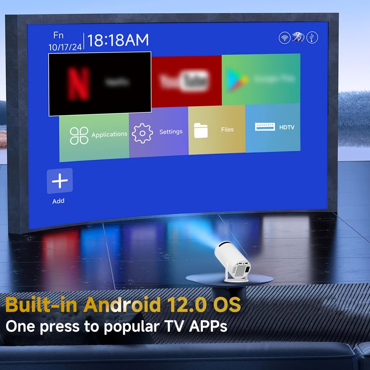 XYA 1080P Portable Projector, 4K Support, 5G WiFi BT5.2, Built-in Android 11.0, 18000Lumen, 3.3meter Display, Home Theater, Table Mount, Remote Control, 16:9 Aspect Ratio, LCD, USB/AV Connectivity, European Standard Plug, 220-240V, for Smartphone/Tablet/L