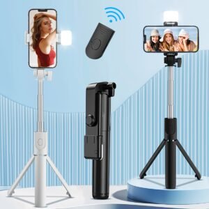 Wireless Selfie Stick Tripod with Remote Control, 360° Rotating Mini Integrated Travel Portable, Anti-Shake Smartphone Stand with LED Light, Plastic, Battery Powered (Non-rechargeable)