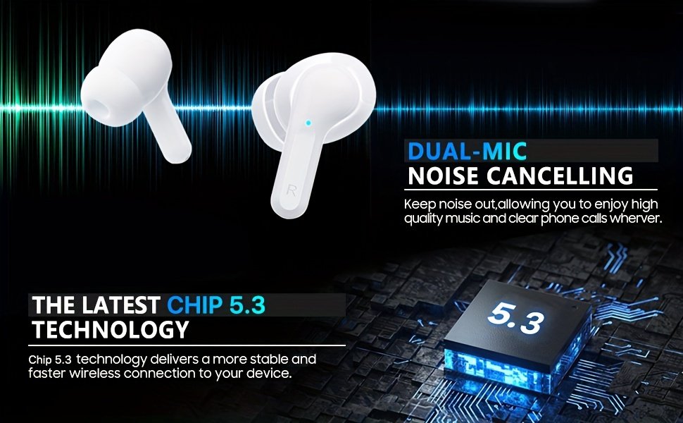 Wireless V5.3 Earbuds with 400mAh Charging Case - Hi-Fi Stereo Sound, Noise-Canceling Mic, 35-Hour Playtime, USB-C Fast Charge, Touch Control for Running, Office & Cycling - White, Workout Earbuds|Modern Earbuds|Digital Display Case, Wireless Earbuds - Image 8