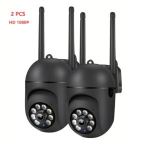 2-Pack 1080P HD Security Cameras with PTZ, Full Color Night Vision, Spotlight, Siren, 2-Way Audio, Motion Tracking, Compatible with Alexa, Wi-Fi Enabled, Wall Mount, USB Powered, Indoor/Outdoor Surveillance System